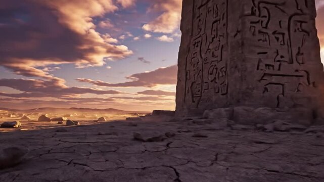 Ancient weathered stone obelisk with hieroglyphs standing tall in a vast desert landscape at sunset