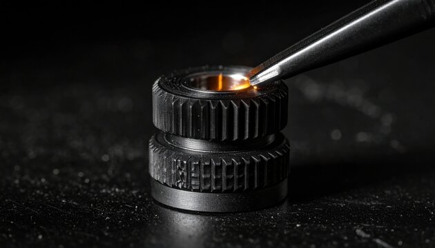 Precision engineered matte black metal rotary dial component with intricate ridged knurling handled by metal tweezers for technical assembly, cinematic widescreen close up product photograph.