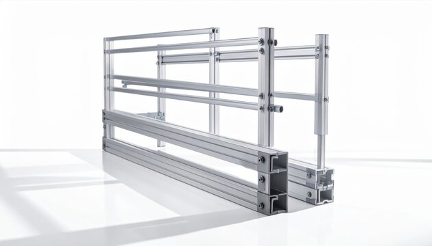 Industrial modular aluminum scaffolding elements featuring precision engineered snap lock joints and durable reinforced metal profiles, providing a high strength structural framework for construction.