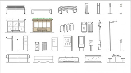 Obraz premium Public Space Furniture Collection with Benches Lighting Kiosks Bike Racks and Urban Street Elements