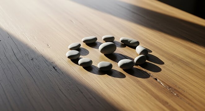A circular arrangement of smooth gray stones on a textured wooden table representing an alvo target concept with soft natural lighting and depth of field