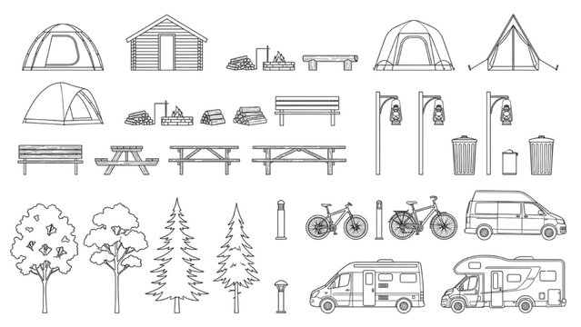 CAD Campground Site Furniture Blocks with Tents Caravans Picnic Tables Lighting and Landscape Symbols