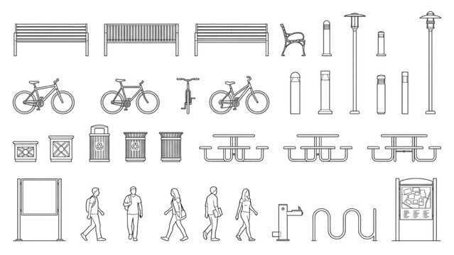 CAD Streetscape Furniture Blocks with Bicycle Parking Pedestrian Circulation and Urban Site Elements