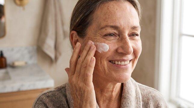 Woman applies moisturizer to her cheek while standing in a bright bathroom to maintain a healthy and glowing complexion every morning.