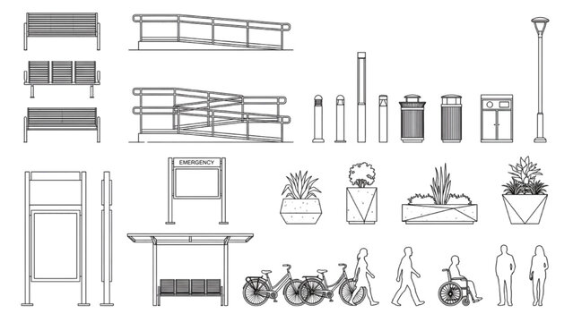 Accessibility Ramp CAD Blocks with Railings Site Furniture and Streetscape Elements