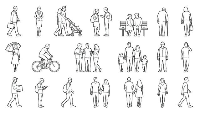 Architectural CAD Human Entourage Blocks with Walking Standing Cycling and Group Interaction Poses