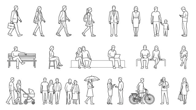 CAD Human Figure Blocks with Seated Walking and Recreational Pedestrian Entourage Poses