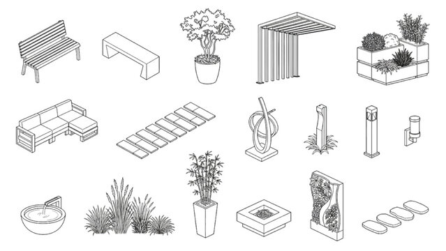 Landscape Site CAD Blocks with Pergola Planters Seating and Decorative Water Features
