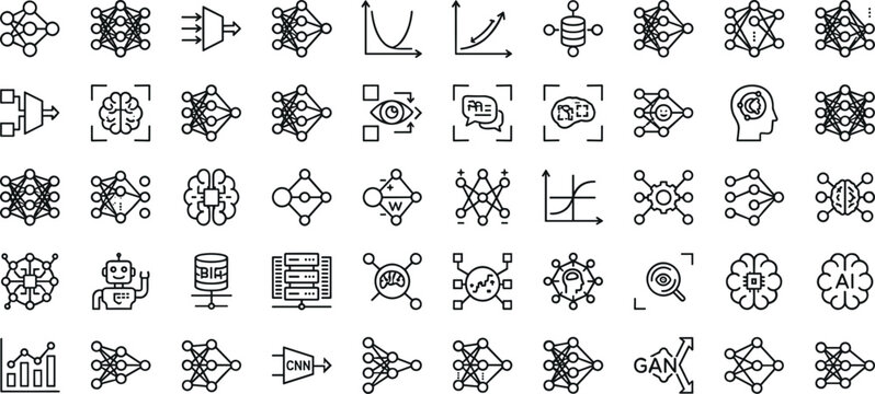 Modern data analytics tech icon collection including neural network architecture automated statistics facial recognition and natural language processing graphics,