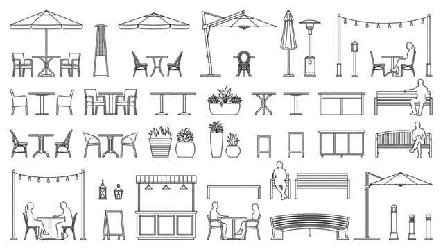 Outdoor Dining and Hospitality CAD Blocks with Pergolas Umbrellas Seating and Public Realm Furniture