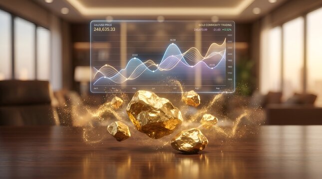 Gold nuggets floating above wooden table with graph