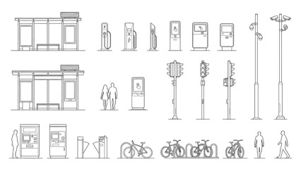 Fototapeta premium Transit Shelter and Street Lighting CAD Collection with Ticket Machines and Urban Mobility Fixtures