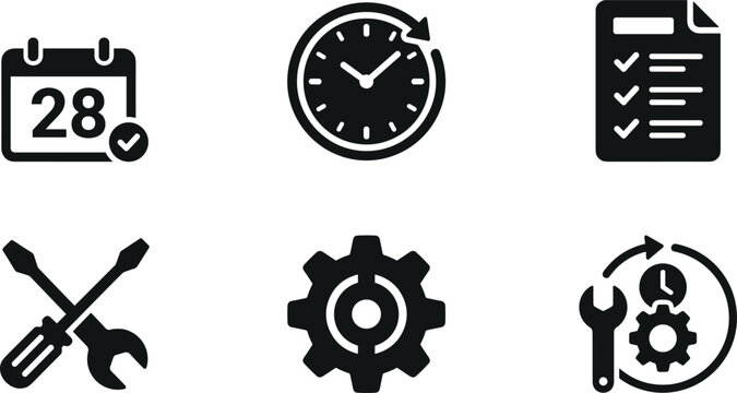 Project time management calendar schedule release maintenance service tools checklist process setup and technical workflow vector icon set