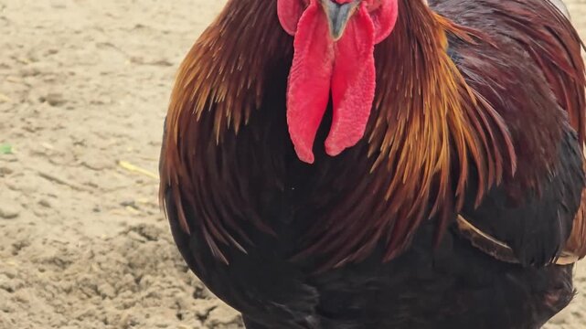 Majestic rooster with vibrant red comb and wattle, close up of a colorful farm bird, domestic male chicken standing on dirt ground