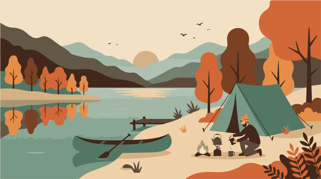 Autumn Camping Adventure Near Lake With Tent And Canoe Vector