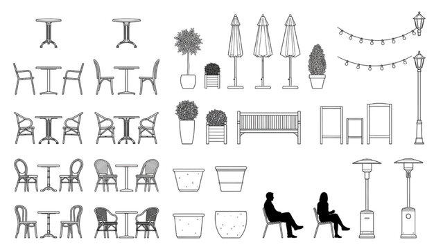 Outdoor Cafe Furniture CAD Layout with Seating Sets, Planters and Decorative Lighting Elements
