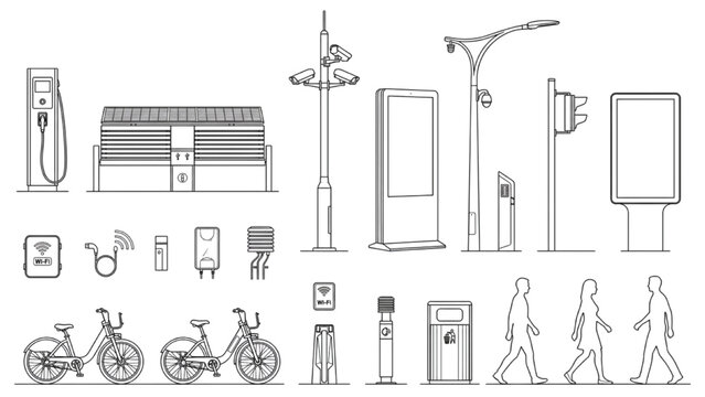 Smart City Street Furniture CAD Set with Transit Displays, Lighting Poles and Urban Fixtures