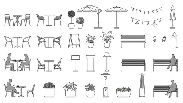 Outdoor Cafe Furniture CAD Collection with Patio Seating, Planters and Decorative Landscape Elements