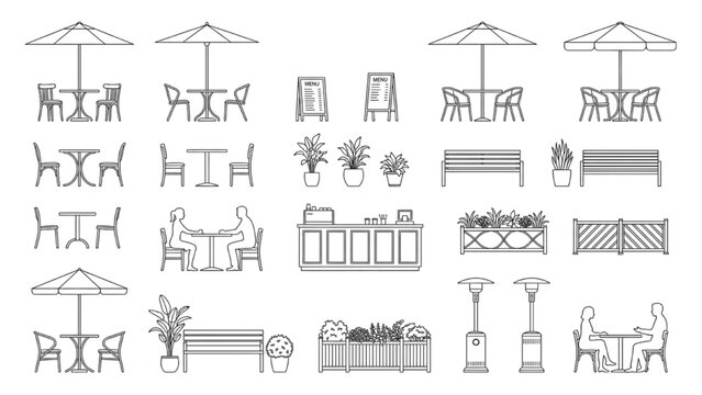 Outdoor Cafe and Plaza Furniture CAD Collection with Seating Areas, Umbrellas and Landscape Fixtures