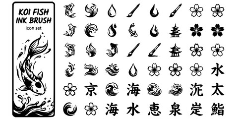 Obraz premium Koi Fish Ink Brush Black White-Flowing Fin Water Splash-Japanese Vector-Koi Icon Ink-T-Shirt Print Design Set