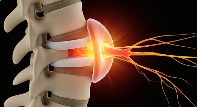 3D Medical Illustration of Spinal Disc Herniation and Nerve Pain