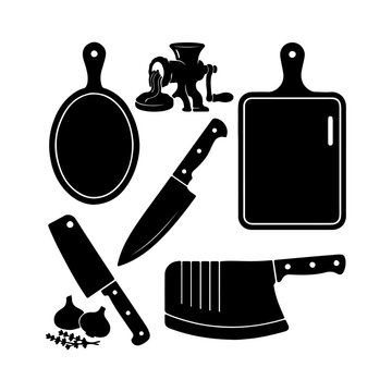 Butcher Shop and Kitchen Tools Vector Silhouette Set with Knives and Cutting Boards