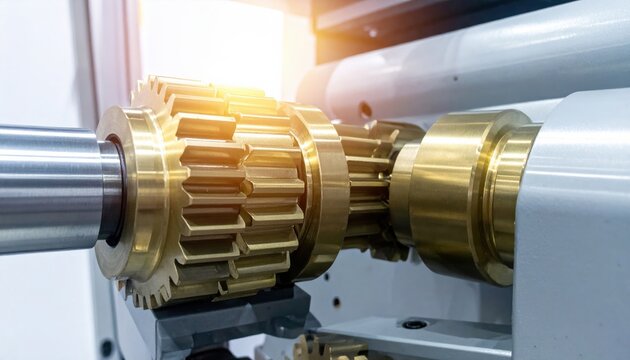 Polished brass gear assemblies interlocking within a complex mechanical framework, cinematic widescreen view of precision industrial engineering components showcasing metallic texture and design.