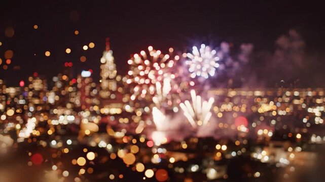 Aesthetic Independence Day background video with cinematic fireworks glow dreamy city bokeh and silky motion blur