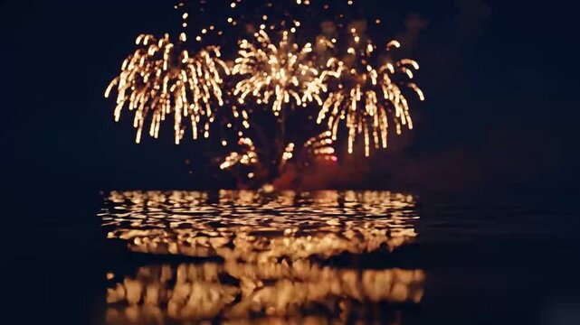 Dreamy patriotic night scene with cinematic fireworks glowing across rippling navy ocean reflections