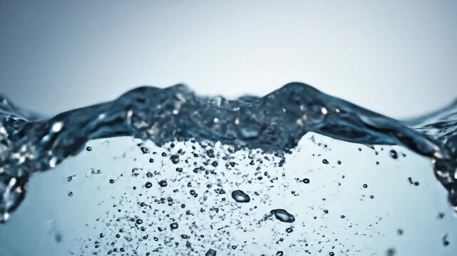 Clear water splash frozen mid-air, bubbles rise against a serene blue gradient backdrop