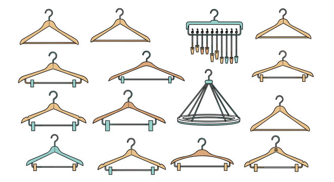 Various types of clothing hangers including wood plastic and multi clip versions for closet organization and garment storage.