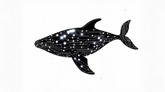 Whale illustration featuring intricate circuit patterns on its body. Clean white background enhancing the modern design. Concept of marine life, technology art, environmental awareness