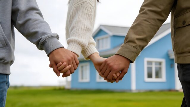 Three people holding hands in front of a house