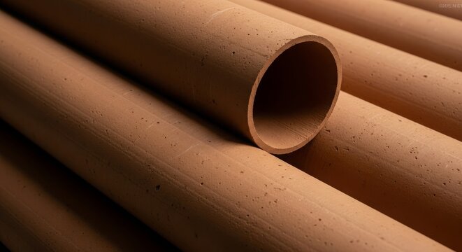 Close-up view of intersecting terracotta clay cylinders forming an abstract geometric composition with warm earthy tones and visible texture.