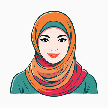 Illustration of a smiling woman wearing a colorful hijab