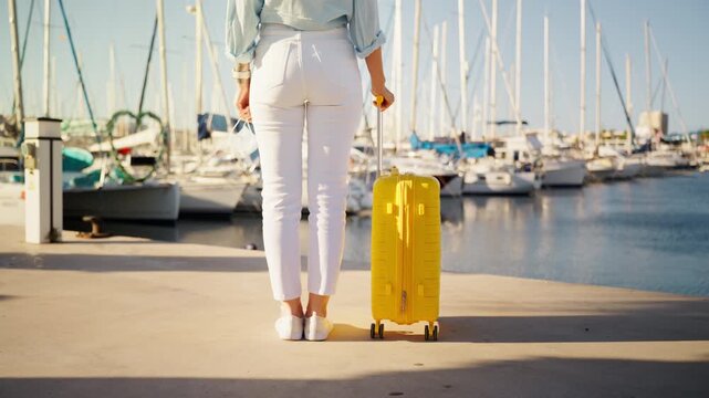 Back view of female tourist hold yellow suitcase and protective face mask while stand on pier in front of many yachts, representing travel in new normal