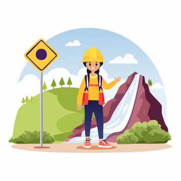 Woman in hard hat and vest near waterfall with warning sign