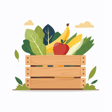 Wooden Crate Filled with Fresh Fruits and Vegetables