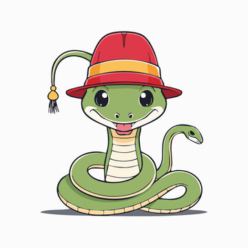 Cute cartoon green snake wearing a red hat