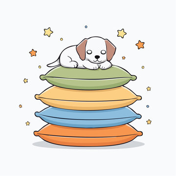 Cute puppy sleeping on a stack of colorful pillows with stars