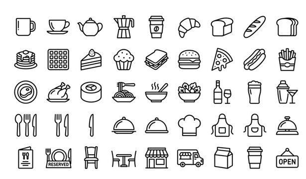 Cafe and Bistro Linear Icons Collection with Restaurant Food Beverage and Hospitality Symbols