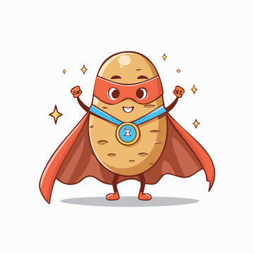Cute Superhero Potato Character with Cape and Medal