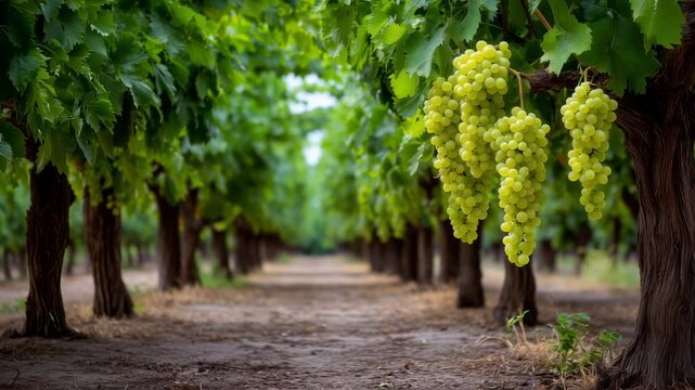 Grapes dangle from green vines in a sunny vineyard. Rows of lush greenery create a serene atmosphere in the countryside. Concept of agriculture, food production, sustainability