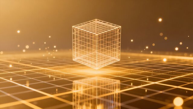 Golden wireframe cube on reflective grid