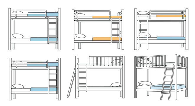 Modern bunk bed designs collection showing various configurations and ladder styles in white with blue and orange bedding accents.