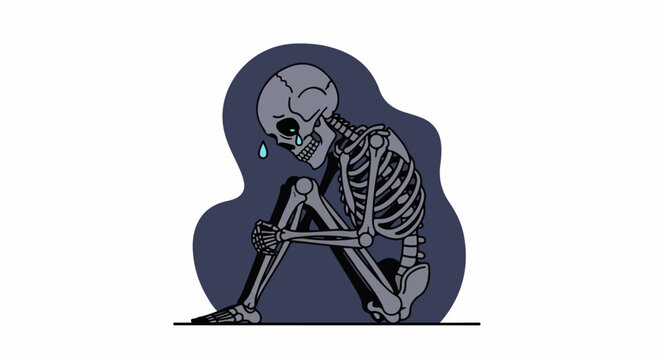 A sad skeleton sits hunched over, shedding a tear, against a dark background
