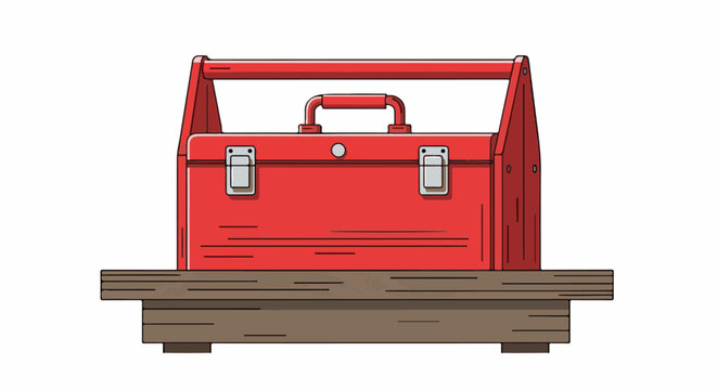 A red toolbox rests on a wooden surface against a white background