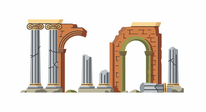 Stylized depiction of ancient Greek architectural ruins with broken columns and arches