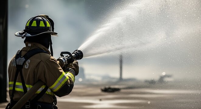 Firefighter using high pressure hose to extinguish fire