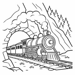 steam locomotive line art illustration with mountain landscape © shahin